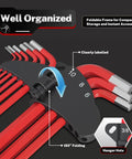 All In One Allen Wrench Set SAE Metric Torx Magnetic Ball End T Handle 27 Piece Kit For Home Auto DIY Pros Includes Magnetic Ball End Easy Grip Precise Hex And Torx Fit Heavy Duty Construction Magnetic Tip Keeps Bits In Place. Foldable 3/8-inch wrench set with labeled metric and SAE sizes