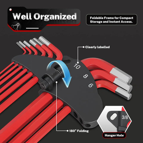 All In One Allen Wrench Set SAE Metric Torx Magnetic Ball End T Handle 27 Piece Kit For Home Auto DIY Pros Includes Magnetic Ball End Easy Grip Precise Hex And Torx Fit Heavy Duty Construction Magnetic Tip Keeps Bits In Place. Foldable 3/8-inch wrench set with labeled metric and SAE sizes