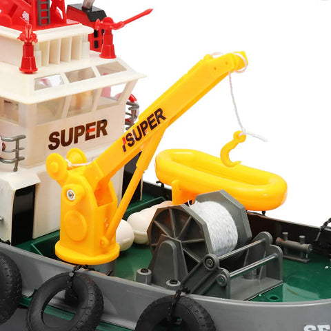 Detailed deck view of Dope Seaport Style RC Tug Boat With Water Sprayer 2.4GHz Remote Control showing life raft and rescue boom.