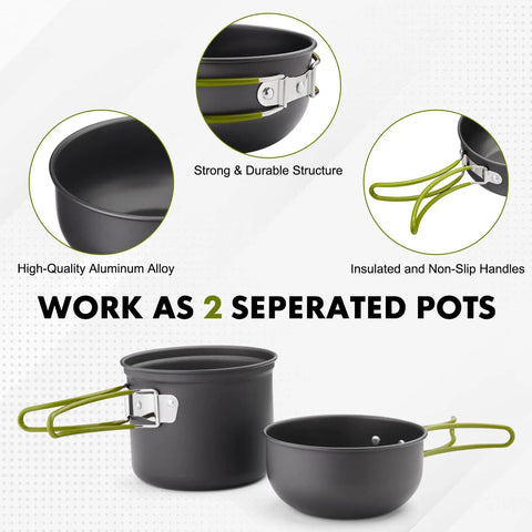 Lightweight Backpacking Camping Cookware Set With Foldable Handles 0.33 Gal Pots Durable Aluminum Stainless Build