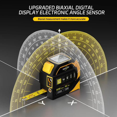 Heavy Duty Two In One Laser Tape Measure With 328Ft Slick Long Range Finder And 16Ft Pullback Steel Tape Featuring Spot On Crosshair Aim Plus Digital Angle And Volume Calc For Hustle Free Renovations