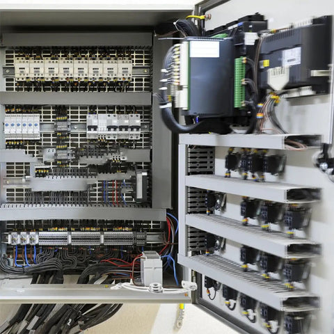 Open electrical control panel with circuit breakers and wiring inside, industrial equipment detail.