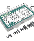 152 Piece Double Round Head Flat Keyed Pin Set Pro Grade With 16 Sizes From 8mm To 30mm For Auto Repair And Mechanical Assembly In Dark Grey 45 Carbon Steel, displayed in a transparent box with dimensions and individual pins visible.
