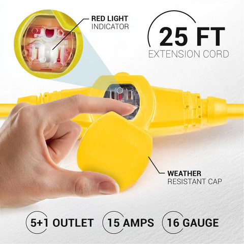 Close-up of 25 ft yellow extension cord with red light indicator, weather resistant cap, 5+1 outlets, 15 amps, 16 gauge cable.