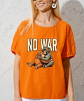 Woman wearing orange tee with 'NO WAR' text and hugging monkeys from Dope Antiwar DTF Transfers Set For DIY Tees Six Pack Monkey Punchs Antiwar Collection Ready To Press 7x7 Washable Iron On Vinyl Decals For Custom T Shirts And Everyday Streetwear Vibe