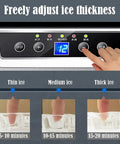 Screen of Heavy Duty Countertop Ice Maker Machine showing ice thickness adjustment for thin, medium, and thick ice.