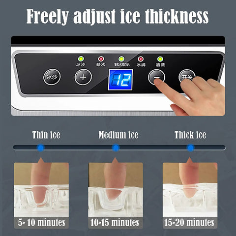 Screen of Heavy Duty Countertop Ice Maker Machine showing ice thickness adjustment for thin, medium, and thick ice.