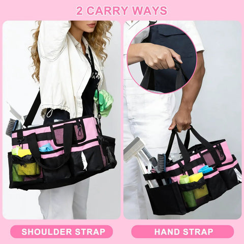 Wearable Cleaning Caddy Bag In Pink With Adjustable Straps And Divider 14 Inch Cleaning Supplies Organizer For Housekeepers And Cleaners, shown worn two ways