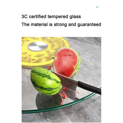 Glass Lazy Susan Turntable with Silent Aluminum Bearing and half-cut watermelon on top, highlighting serving use.
