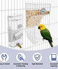 Top Shelf No Sweat Automatic Bird Feeder And Water Dispenser Set with bird beside clear container in cage.