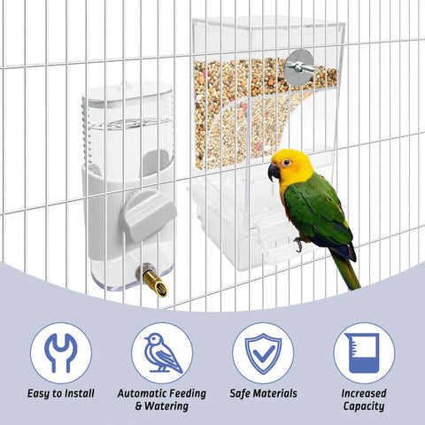 Top Shelf No Sweat Automatic Bird Feeder And Water Dispenser Set with bird beside clear container in cage.