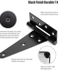 6 Inch T Strap Gate Hinges 2 Pack Black Powder Coated Steel Tee Hinge Hardware Rust Resistant Heavy Duty Outdoor Fence And Barn Door Hardware Built Like A Tank With Super Silky 270 Degree Swivel And Included Fasteners close-up of hinge design with countersink holes for secure screw placement.