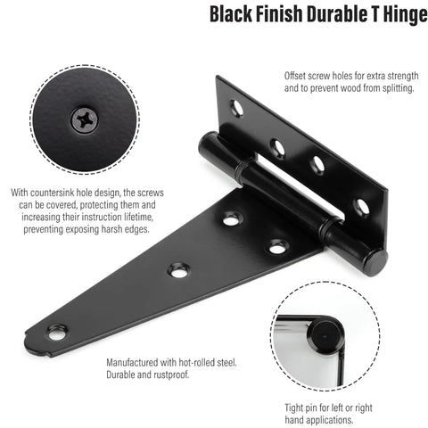 6 Inch T Strap Gate Hinges 2 Pack Black Powder Coated Steel Tee Hinge Hardware Rust Resistant Heavy Duty Outdoor Fence And Barn Door Hardware Built Like A Tank With Super Silky 270 Degree Swivel And Included Fasteners close-up of hinge design with countersink holes for secure screw placement.