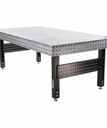 Rock Solid Heavy Duty Welding Workbench 48 By 96 Inches With Adjustable Height Legs And 6000 Lb Capacity Featuring Fast Pin Locking Grid shown from side angle.