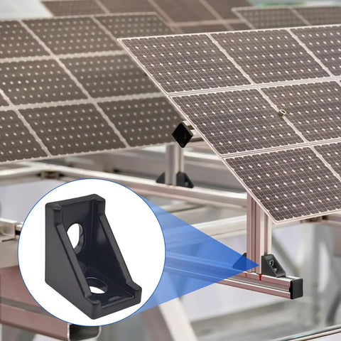 Aluminum Extrusion Corner Brackets Kit For 20S Rails 20x28x28mm L Shaped Brackets With 40 M5 T Slot Nuts and M5x8mm Hex Bolts installed on solar panel frame