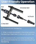 Diagram showing the 10 Piece Blind Hole Bearing Puller Set for Motorcycles with labeled parts: nut, center bolt, chuck, and hex bolt.