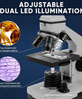 Image showing the Powerful Biological Microscope For Adults And Kids 100X-2000X With Phone Adapter And Slides Set, emphasizing dual LED illumination for opaque and transparent objects.
