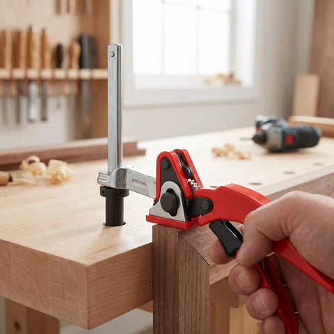 One Hand Ratchet Bench Dog Clamp for Woodworking, Five Eighths Inch Grab and Go Hold Down Clamp on workbench