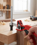Two Pack Quick Ratchet Bench Dog Clamps For 20mm Dog Holes Holds Down Up To Six And Five Sixteenths Inches Throat Depth Two And Five Sixteenths Inches Great For Woodworking Carving Milling And Polishing in use on a workbench