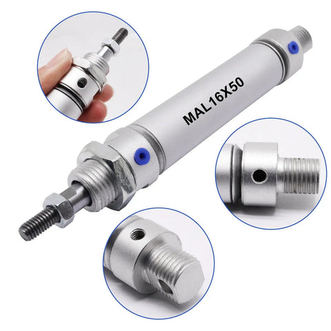 16mm Bore Pneumatic Cylinder with 50mm Stroke, double acting single rod, Y connector and quick fittings, MAL16x50 for automation projects