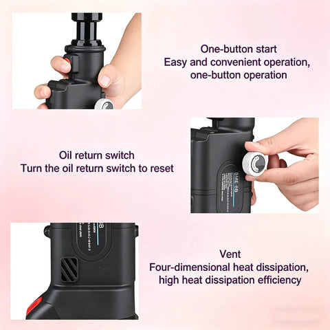 Functions of the Rechargeable Hydraulic Hole Punch Kit With Six Dies 22 To 60Mm, showing buttons and switches.