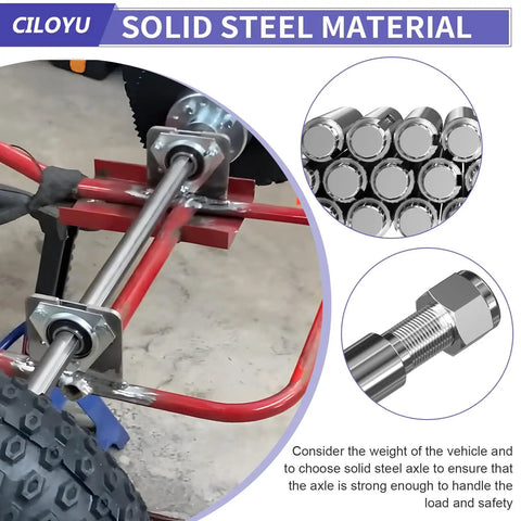 Heavy Duty Go Kart Live Axle Kit 44 Inch With 1 Inch Diameter, 3/4 Inch Step Down, 3/4-16 Fine Thread Ends, 1/4 Inch Keyway, Rear Axle Bearing Kit installed on a vehicle.