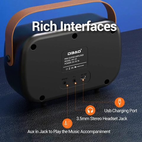 Back view of Portable 5W Mini Guitar Amplifier For Electric Guitars With Dual Speakers Rechargeable Battery Bluetooth