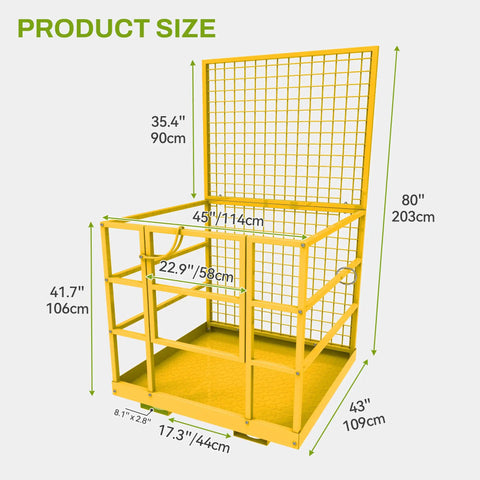 Built Like A Tank 45 By 43 Forklift Safety Cage 1400 Lb Weight Capacity with precise size dimensions and sturdy yellow construction.
