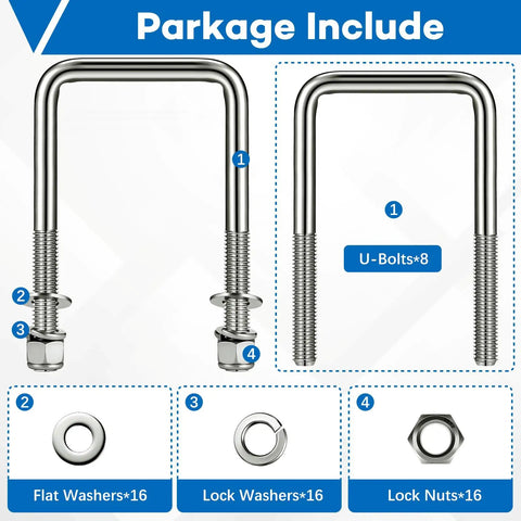 Eight Piece Set Of 304 Stainless Steel Square U Bolts With Washers And Nuts For Boat Trailers Sailboats Automobiles