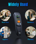Portable Wireless Barcode Scanner That Works Like A Champ With 1.4 Inch LCD Screen 1200mAh Battery And Charging Cradle Model 1600 in use in retail, warehouse, logistics, and pharmacy settings.
