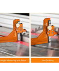 Heavy Duty Aluminum Alloy Height Gauge And Depth Ruler Offering Dual Measurement Scales For Exact Router Bits And Sawblade Measurements on a table saw.
