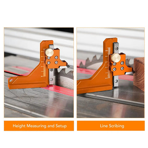 Heavy Duty Aluminum Alloy Height Gauge And Depth Ruler Offering Dual Measurement Scales For Exact Router Bits And Sawblade Measurements on a table saw.