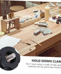 Woodworking T Track Hold Down Clamp With Quick Act Pressure Plate on workbench with tools and materials visible