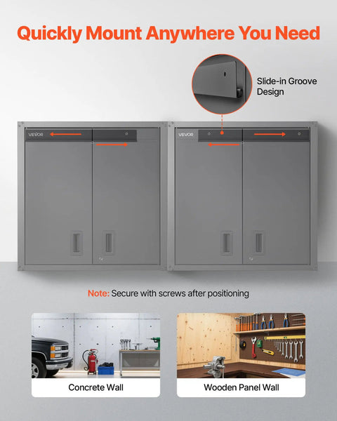 Sturdy Steel Wall Cabinet for Garage and Home Storage, 30W x 12.2D x 30H Inches, Locking Doors, Adjustable Shelves, Holds Up To 120 Lbs Per Shelf, Space Saving Floating Cabinet for Tools and Supplies, Wall Mounted, Black, slide-in groove install