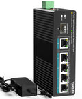Front view of All-In-One Industrial PoE Switch With 6 Ports, 4 Gigabit PoE Plus Ports, 1 Gig Uplink, 1 SFP Port, Unmanaged DIN Rail Ethernet.