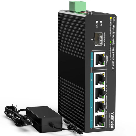 Front view of All-In-One Industrial PoE Switch With 6 Ports, 4 Gigabit PoE Plus Ports, 1 Gig Uplink, 1 SFP Port, Unmanaged DIN Rail Ethernet.