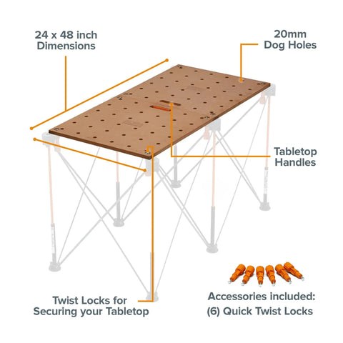 Centipede Work Stand Table Top For Portable Workbench 24 By 48 Inches With Wood Top 20mm Dog Holes And 6 Quick Twist Lock Handles