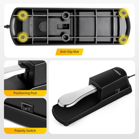 Universal sustain pedal for keyboard digital piano and MIDI keyboard with polarity switch and anti-slip mat details