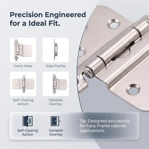 Top Shelf 3 8 Inch Inset Cabinet Hinges Satin Nickel Self Closing Semi Concealed Face Mount Kitchen Hardware With Screws Bulk 25 Pairs Built Different Smooth Operation front view and side profile images.