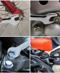 14 Piece SAE Ratcheting Wrench Set With One Quarter Inch To Seven Eighths Inch Wrenches, Chrome Vanadium Steel, in use on bike and car components