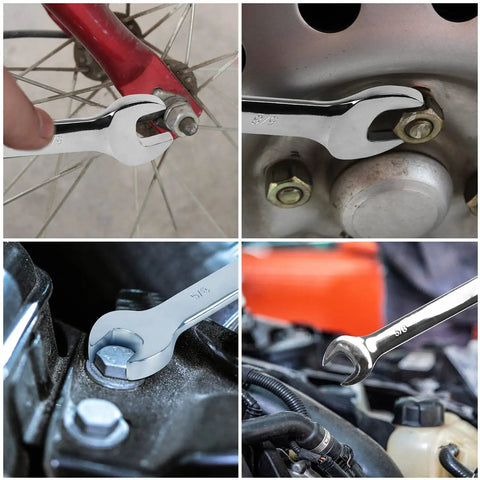 14 Piece SAE Ratcheting Wrench Set With One Quarter Inch To Seven Eighths Inch Wrenches, Chrome Vanadium Steel, in use on bike and car components