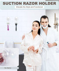 Clear Suction Cup Razor Holder 2-Pack For Shower, Removable And Reusable Razor Hooks with razors and couple in bathroom setting