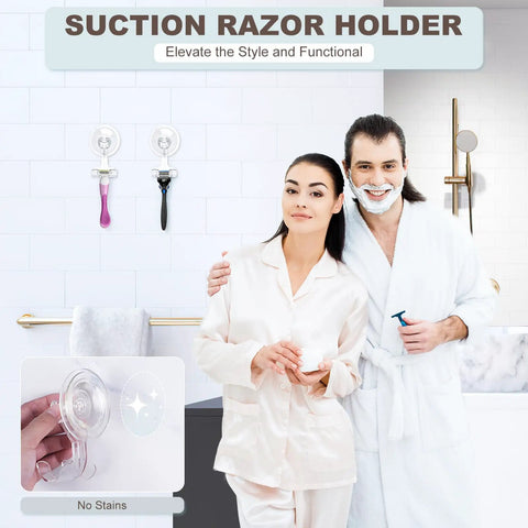 Clear Suction Cup Razor Holder 2-Pack For Shower, Removable And Reusable Razor Hooks with razors and couple in bathroom setting