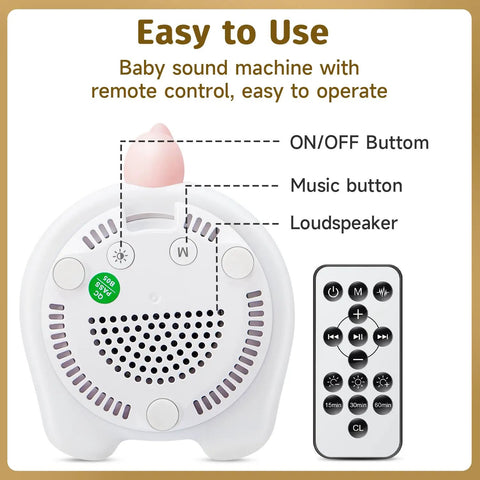 Back view of Unicorn Night Light For Kids With Sound Machine showing remote, buttons, and speaker for easy operation.