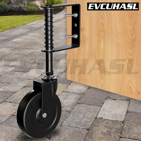 Heavy Duty 5 Inch Spring Loaded Gate Caster Wheel Packs Rock Solid Shock Absorption And Smooth 360 Swivel Glide For Outdoor Wooden Fence And Steel Tube Gates No Stress Rolling Up To 220 Pound In Matte Black mounted on a wooden gate.