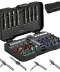 42 In 1 Magnetic Ratchet Screwdriver Set with Detachable Handle, showcasing 8 long and 32 short precision bits, black case open.