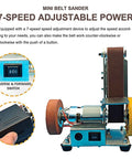 Built Like A Tank Mini Belt Sander And Polisher With Seven Adjustable Speeds Forward Reverse Control showing speed adjustment and switch.