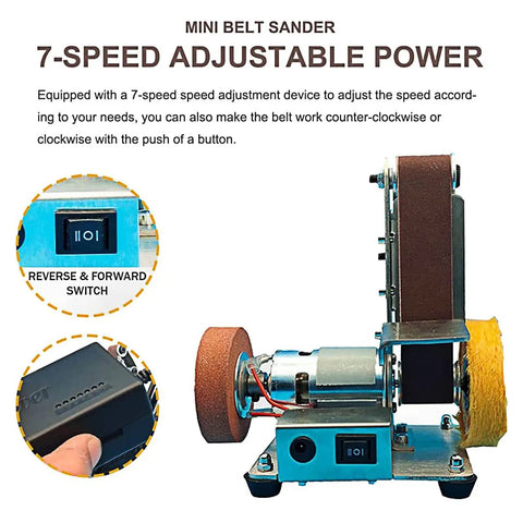 Built Like A Tank Mini Belt Sander And Polisher With Seven Adjustable Speeds Forward Reverse Control showing speed adjustment and switch.