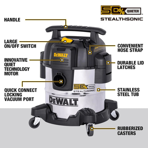 StealthSonic 5 Gallon Wet Dry Shop Vacuum Ultra Quiet With 4 HP Power Stainless Steel Canister Includes 6 Dust Bags for Garage
