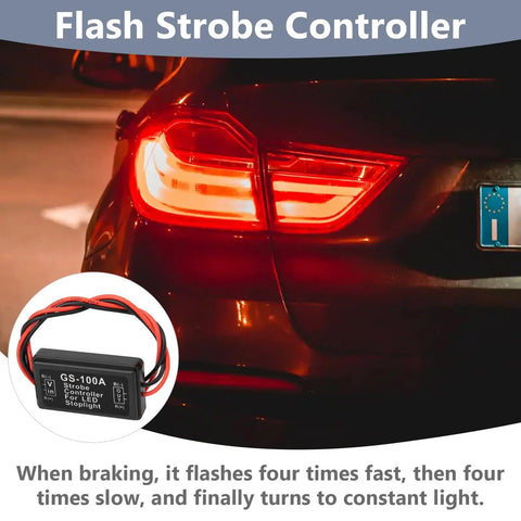 Rear view of a car with activated brake lights and GS100A 4 Pack Brake Light Flasher Strobe Module inset for dual flash visibility